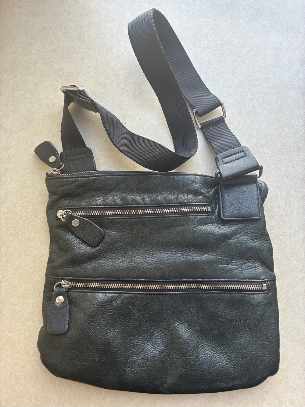 Margot Genuine Leather Black Crossbody Bag Multi Zip Pocket Purse